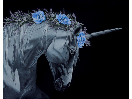 Faithful Friend, unicorn, friend, magic, garden, white rose, black abbey studios