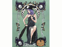 Black Abbey Studios, witch, art nouveau, spell, halloween, raven