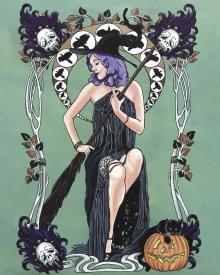 Black Abbey Studios, witch, art nouveau, spell, halloween, raven